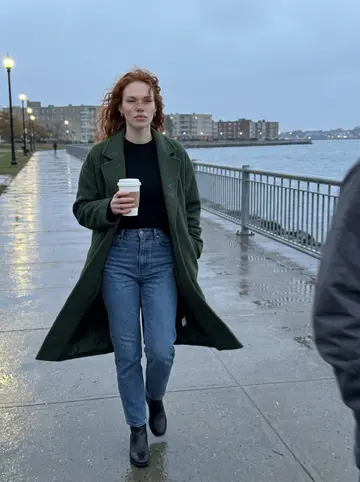 Mairead, AI character: the wet walkway near Carson Beach in Southie after closing the salon, grey ocean and apartment blocks…