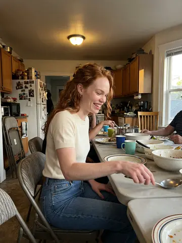 Mairead, AI character: her mother's crowded Dorchester kitchen during Sunday dinner, serving bowls and folding chairs around a…