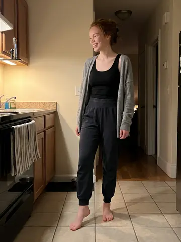 Mairead, AI character: her apartment kitchen in Southie late at night, phone propped on a shelf while she practices old Irish…