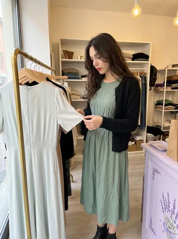 Alessandra, AI character: inside the small boutique where she works in Bologna, between a brass clothing rack and a lavender-scented…