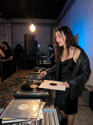 Alessandra, AI character: a warehouse party on the edge of Bologna, standing behind a small vinyl setup with cables and crates…