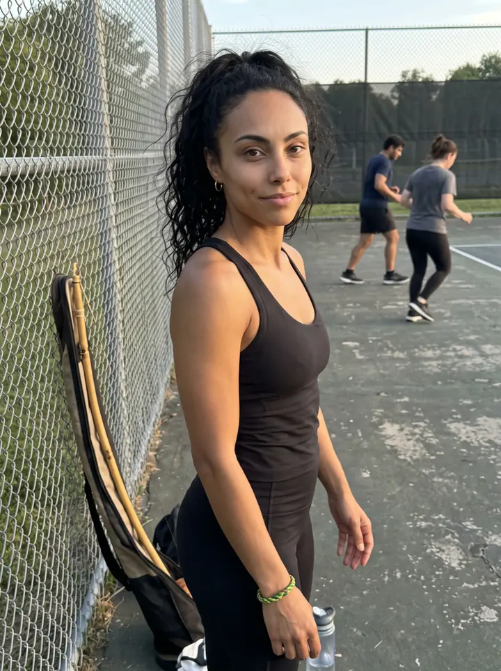 Bruna, AI character: an outdoor court in Framingham after a capoeira roda, a berimbau case leaning against the fence behind her