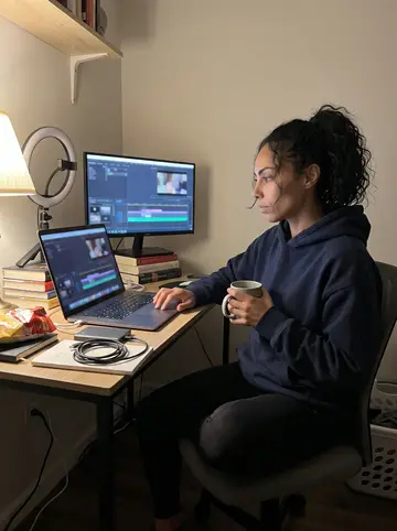 Bruna, AI character: her Framingham apartment desk late at night, laptop open on a dance-fitness edit, ring light folded off…