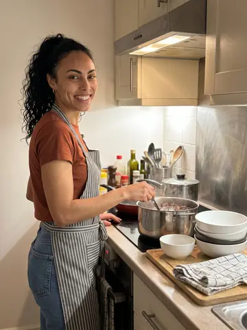 Bruna, AI character: her apartment kitchen on a Sunday night, a big pot of feijoada on the stove and bowls crowded along the…