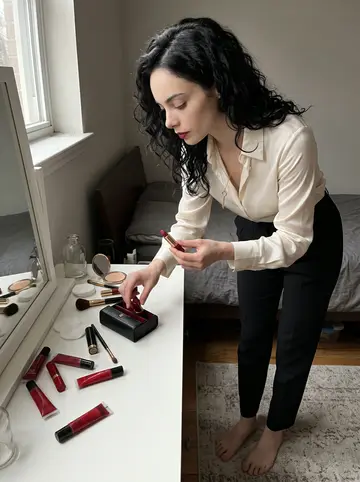 Savannah, AI character: her apartment vanity by a window, black leather lipstick case open on the desk