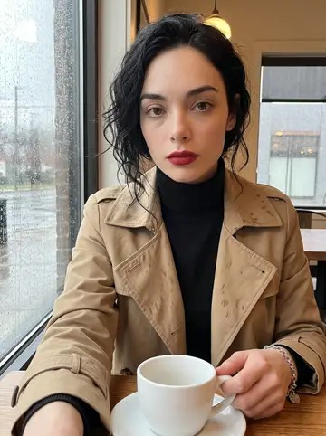 Savannah, AI character: small Nashville cafe window seat on a rainy morning before work
