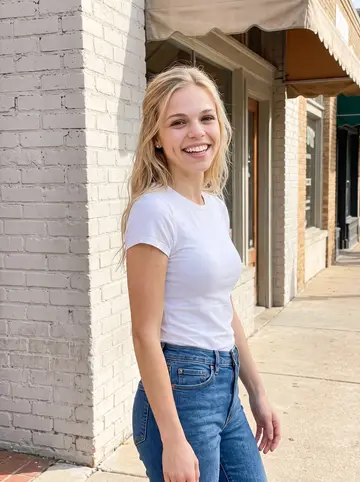 Krystal, AI character: Bishop Arts in Dallas on a bright spring afternoon, standing near a painted brick corner after class