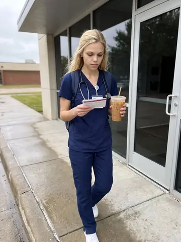 Krystal, AI character: outside the nursing simulation lab at her Dallas campus on an overcast autumn morning
