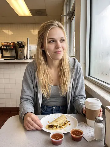Krystal, AI character: a Tex-Mex breakfast taco counter in Dallas just after dawn, windows fogged a little from the cool morning