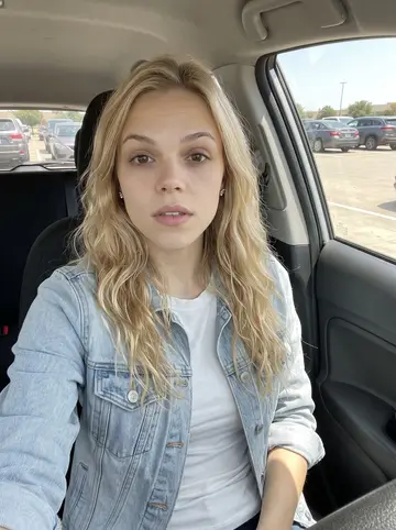 Krystal, AI character: parked in her compact car in a Dallas campus lot between lectures, anatomy flash cards tucked into the cup…