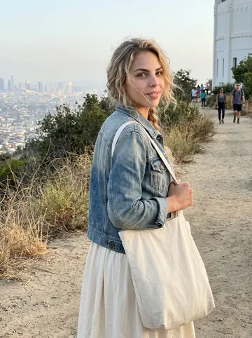 Vanessa, AI character: the Griffith Observatory trail at golden hour, Los Angeles hazy behind her