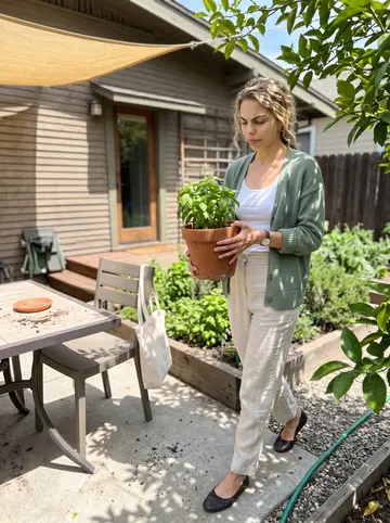 Vanessa, AI character: the herb garden behind a Pasadena craftsman house she is watching for the week