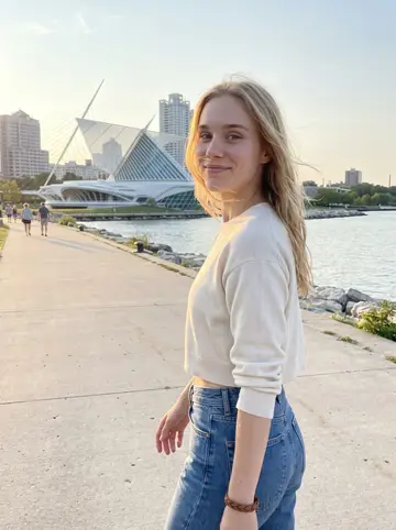 Viktoria, AI character: Milwaukee lakefront near the art museum after an early dinner shift, the water and skyline behind her