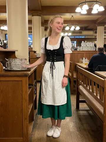 Viktoria, AI character: a busy Milwaukee beer hall between table runs, wooden benches and steins in the background