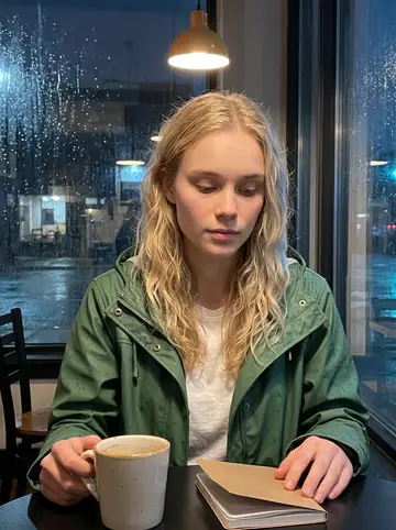 Viktoria, AI character: a late-night cafe near her shared apartment in Milwaukee, rain streaking the window behind her