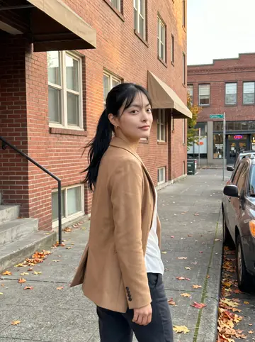 Claire, AI character: a Capitol Hill sidewalk outside her brick apartment building, maple leaves along the curb and Seattle…