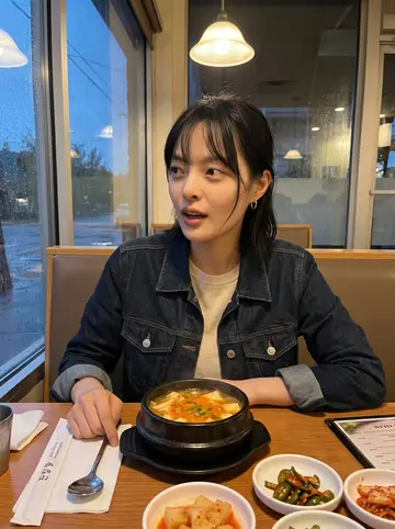 Claire, AI character: a small tofu soup restaurant in Capitol Hill, rain on the window behind the booth, bowls and side dishes…