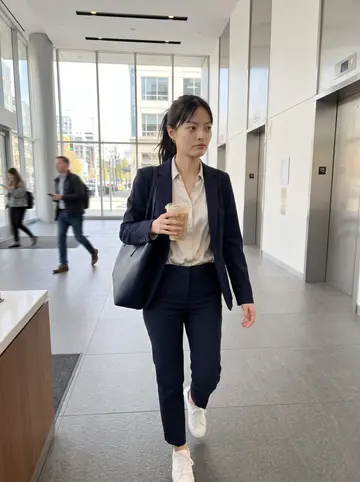 Claire, AI character: a downtown Seattle office lobby during lunch break, elevators and a glass wall behind her