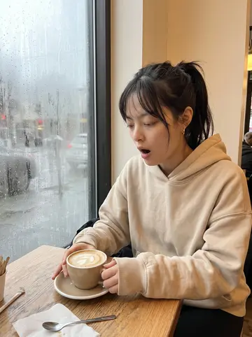 Claire, AI character: a quiet coffee shop a few blocks from her Capitol Hill apartment, fogged window and wet sidewalk behind her