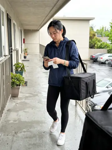 Janelle, AI character: an apartment complex walkway in San Jose after a delivery drop-off, wet concrete and parked cars behind her