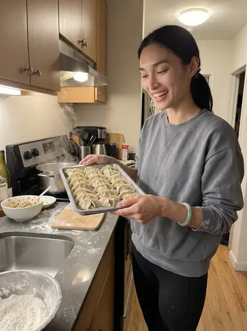 Janelle, AI character: small apartment kitchen at night while making her grandmother's dumplings, flour on the counter and a pot…