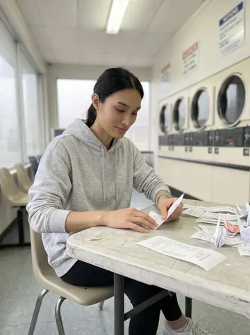 Janelle, AI character: a quiet laundromat table early in the morning, dryers turning behind her and delivery receipts spread out…