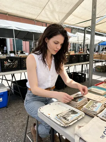 Céline, AI character: a flea market table near the French Quarter, trays of old postcards and paper ephemera spread in front of her