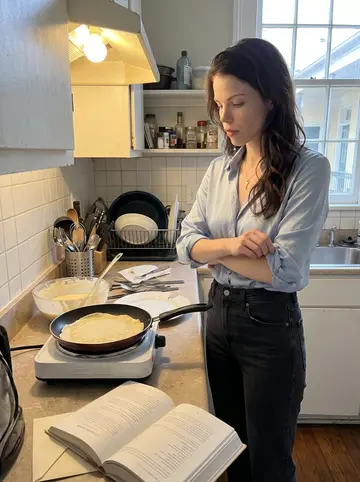 Céline, AI character: her small shared courtyard kitchen in New Orleans, hot plate on a narrow counter, crêpe batter bowl and…