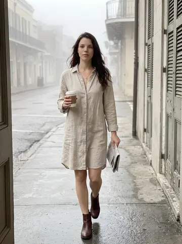 Céline, AI character: a foggy early morning street in the French Quarter before delivery trucks, closed shutters and damp…