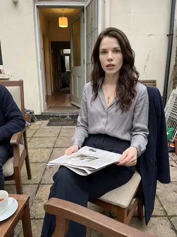 Céline, AI character: the shaded downstairs courtyard outside an elderly neighbor's apartment, a newspaper folded across her lap…