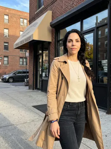 Eva, AI character: a quiet Astoria side street near her apartment building, brick storefronts and a corner Greek bakery…