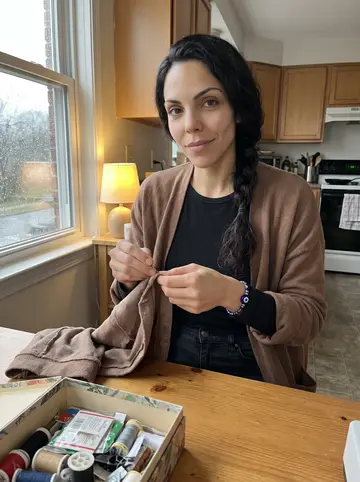 Eva, AI character: the kitchen table during a rainy afternoon, sewing kit open beside one of Yiayia's old housecoats,…