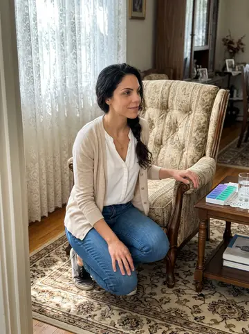 Eva, AI character: her grandmother's living room in Astoria, lace curtain, old armchair, pill organizer and glass of water on…