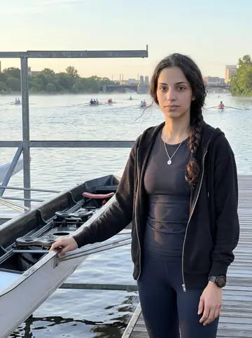 Ángela, AI character: the Charles River boathouse dock just after early rowing practice in Boston, water behind her and the…