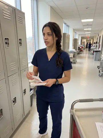 Ángela, AI character: a clinical-skills hallway on the Boston campus, lockers and a rolling medical cart in the background