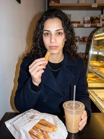 Ángela, AI character: a small Spanish bakery counter in Boston late at night, paper bag of churros and a plastic cup of coffee…