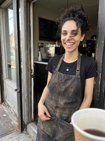 Helena, AI character: outside the small Astoria coffee shop after the morning rush, standing in the doorway with the sidewalk…