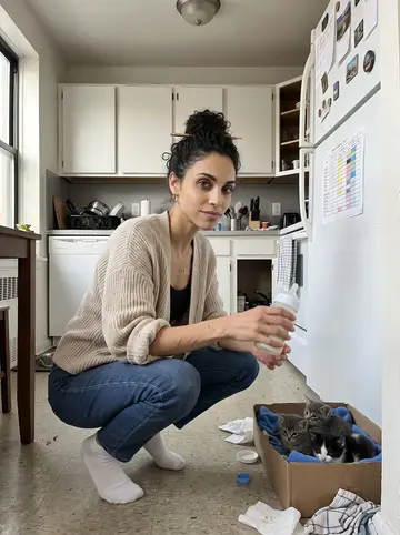 Helena, AI character: her Queens apartment kitchen floor, beside a cardboard kitten box, a bottle chart taped to the fridge