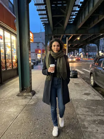 Helena, AI character: Astoria street under the elevated subway at blue hour, walking home with a takeaway coffee