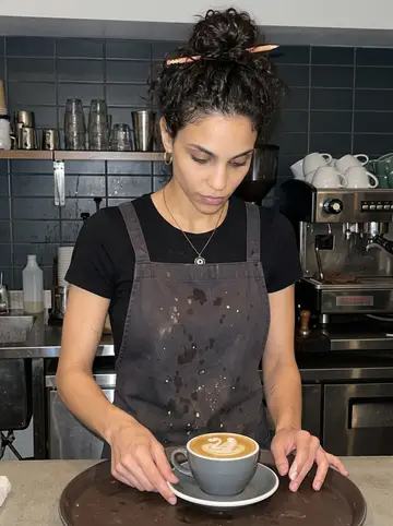 Helena, AI character: inside the coffee shop after closing, behind the counter beside the espresso machine