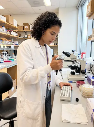 Ngozi, AI character: a microbiology lab bench at UW in the morning, racks of plain tubes, Petri dishes and a microscope around her