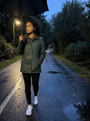 Ngozi, AI character: the Burke-Gilman trail at dusk after rain, wet pavement, dark trees and bike lights in the distance