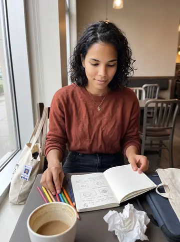 Ngozi, AI character: a quiet campus cafe table near a window, colored pencils, a notebook of microscope-slide sketches and a…