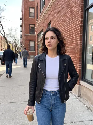 Chelsea, AI character: a sunny Chicago sidewalk outside her apartment building in Lakeview, walking back with an iced coffee and…