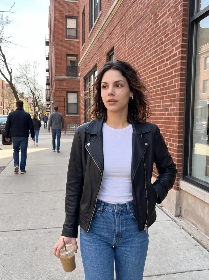 Chelsea, AI character: a sunny Chicago sidewalk outside her apartment building in Lakeview, walking back with an iced coffee and…