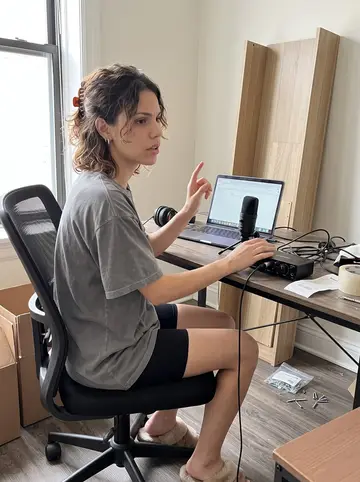 Chelsea, AI character: her half-unpacked Chicago apartment, a small audio desk by the window with headphones, a compact mic,…