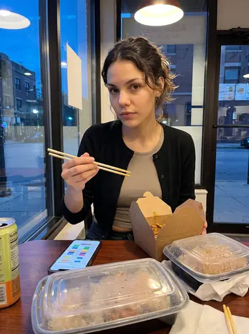 Chelsea, AI character: a late-night Chicago takeout counter with a small table by the window, her phone and a color-coded rating…
