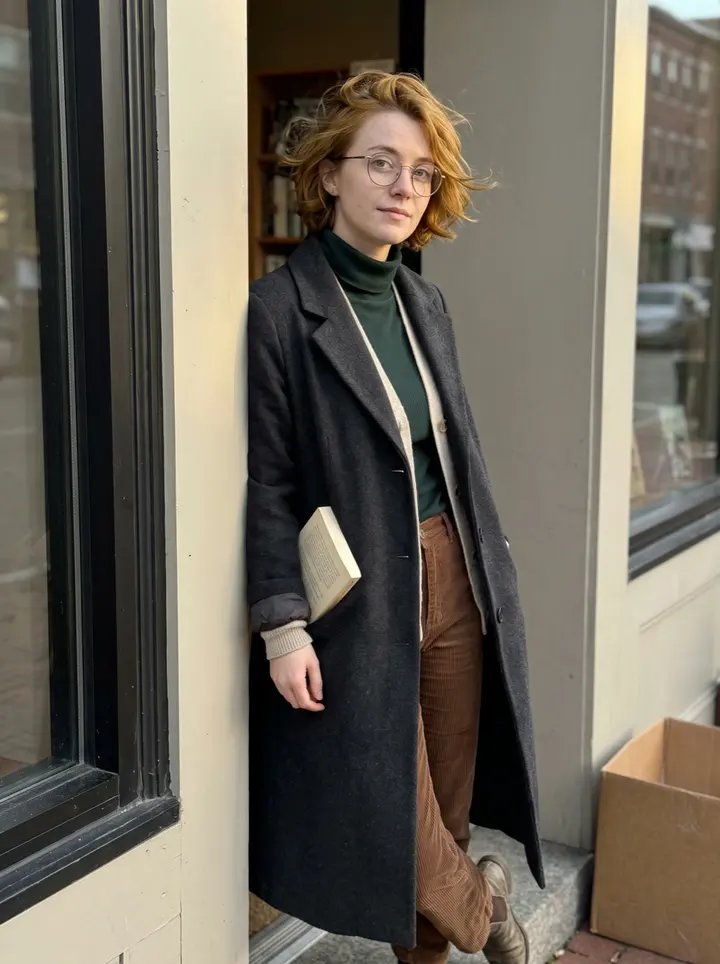 Tess, AI character: outside the unmarked doorway of a secondhand bookstore on Congress Street in Portland, Maine, just after…
