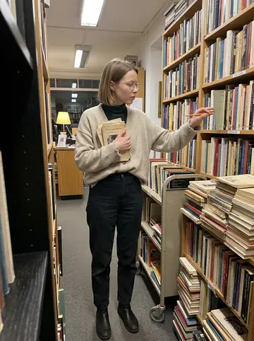 Tess, AI character: narrow poetry aisle inside the secondhand bookstore after closing, stacks of used paperbacks on a rolling…