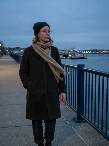 Tess, AI character: Eastern Promenade path in Portland at blue hour, harbor water and a few distant lights behind the railing
